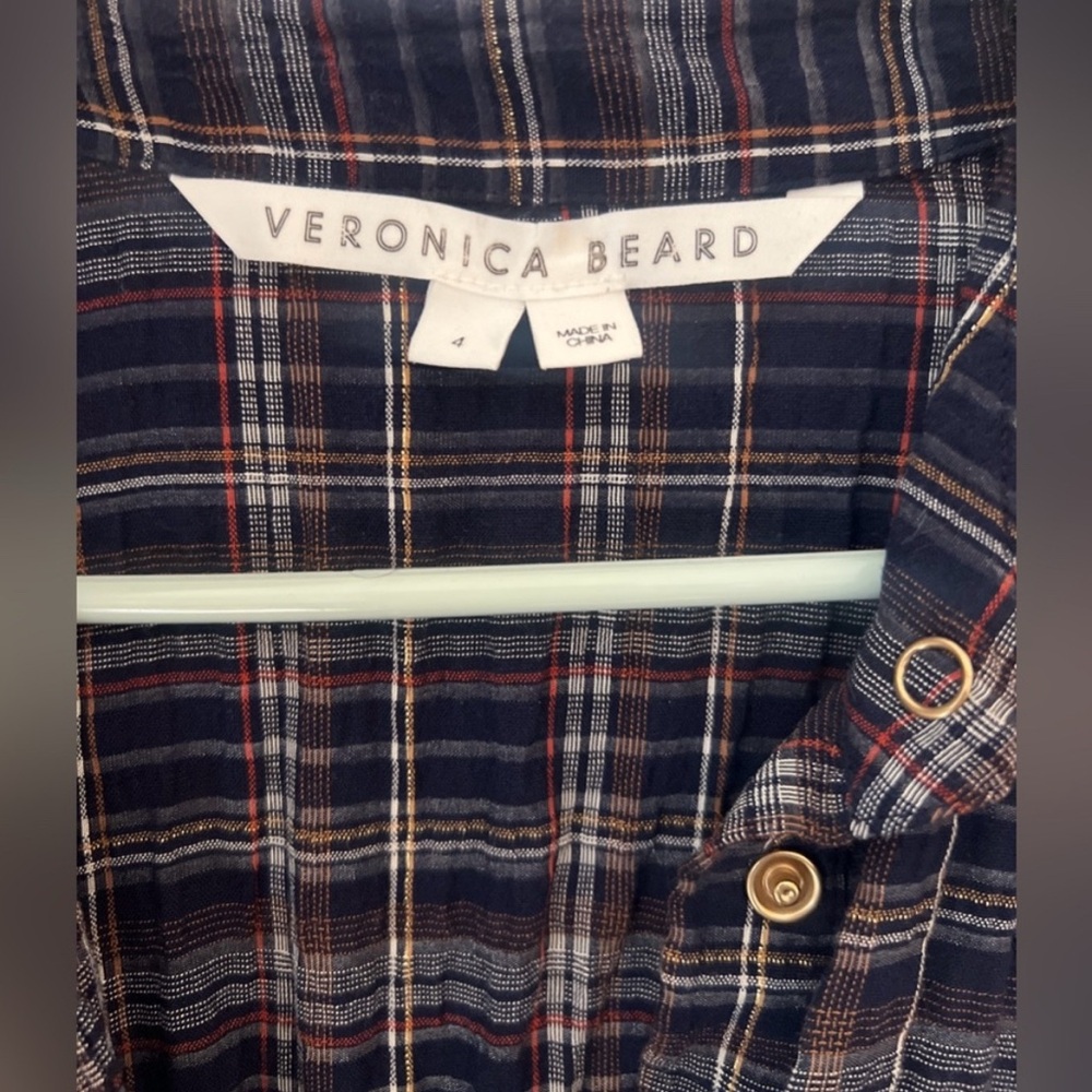 Veronica Beard Melnar Mini Dress Blue Plaid Smocked Collared Long Sleeve Size 4 - Picture 3 of 7